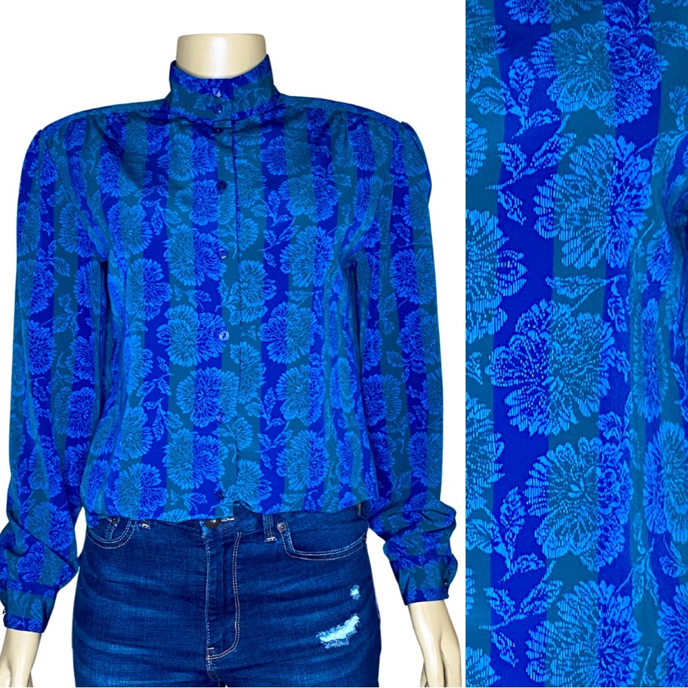 Vintage Cottage Core Blue & Green Striped Floral Feminine Blouse (M)